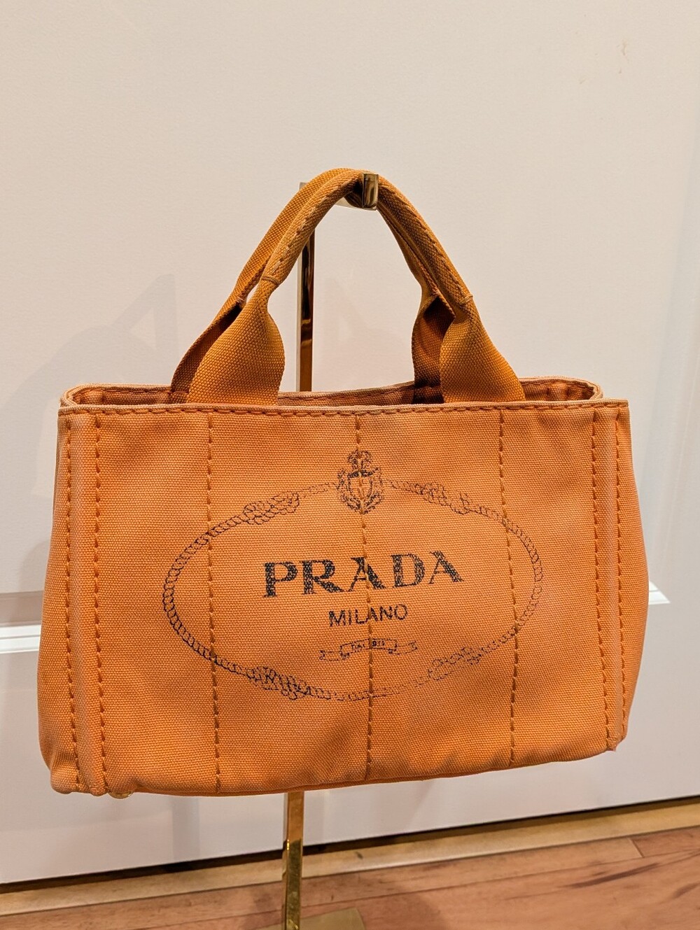 Prada Canapa Canvas Small Tote Organe Papaya With Authentication Card
